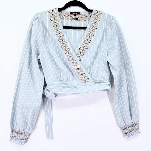 Miss Me Embroidered Linen Wrap Top Size Large Striped Crop Waist Tie Chambray - Picture 1 of 16